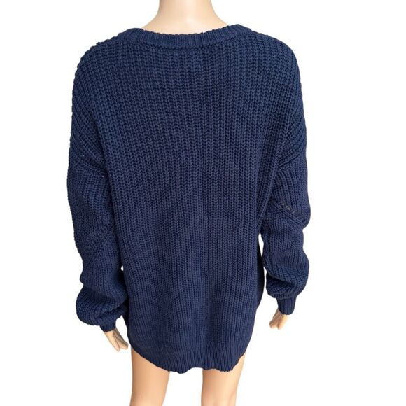 Caslon cotton blend ribbed pointelle knit crew neck sweater navy blue sz S NWOT - Picture 4 of 8